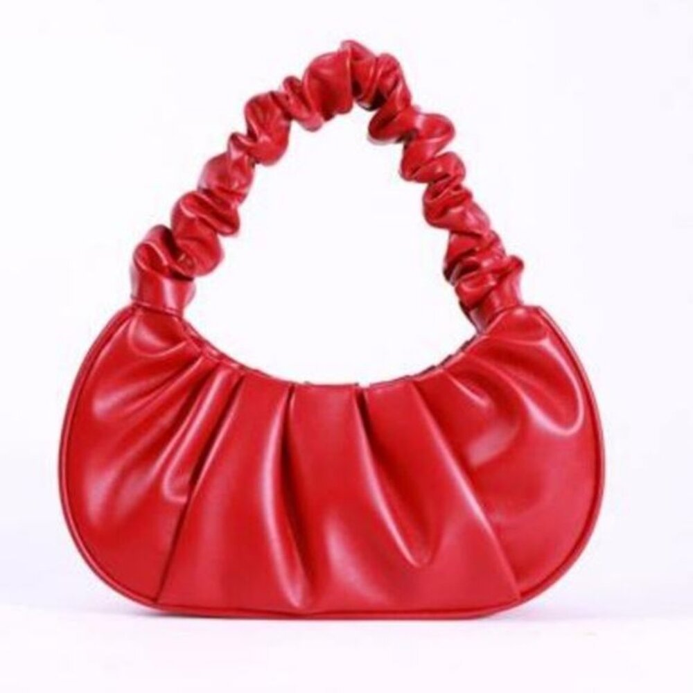Red Puffy Ruched Hobo Tote Handbag